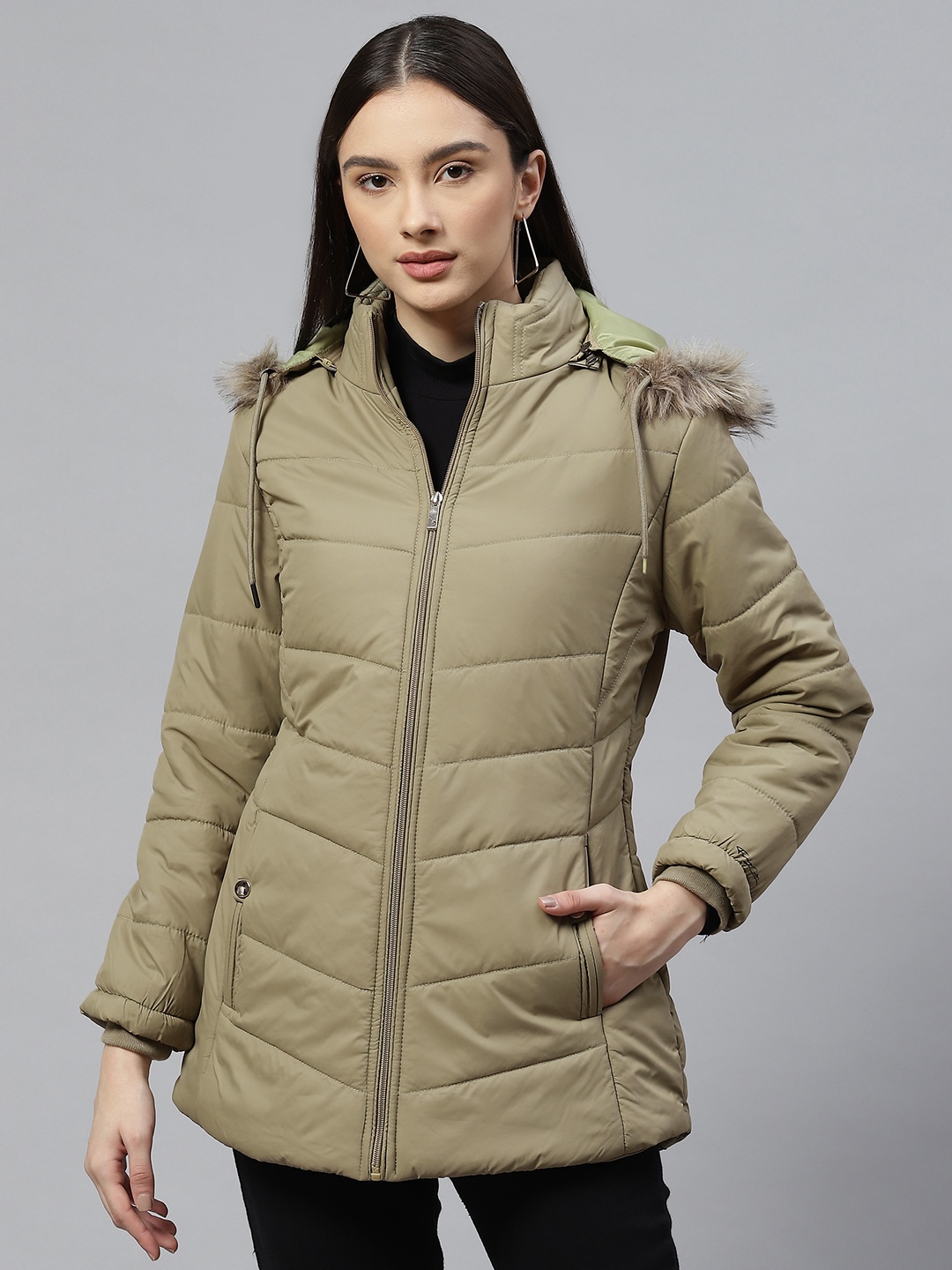 

Foreign Culture By Fort Collins Women Green Hooded Solid Hooded Parka Jacket