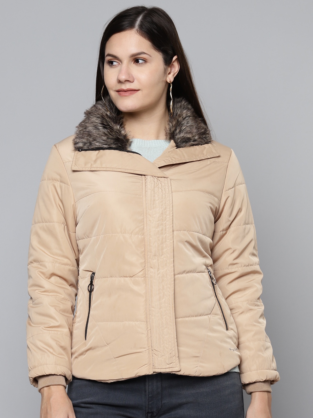 

Foreign Culture By Fort Collins Women Beige Padded Jacket with Faux Fur Trim