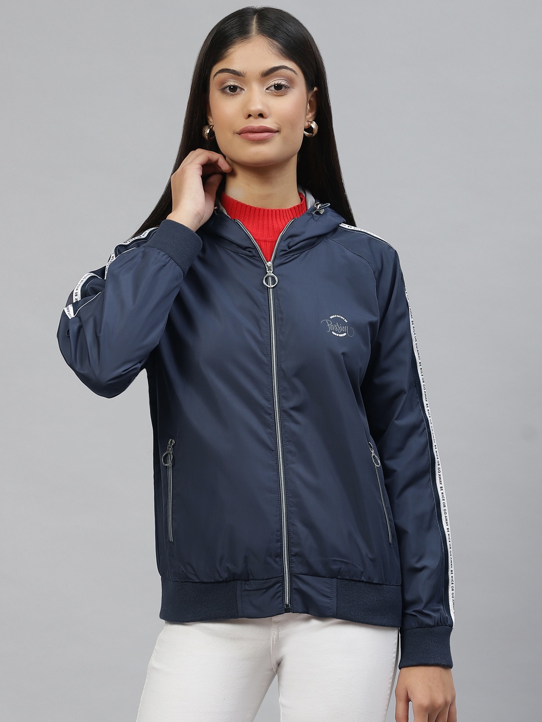 

Foreign Culture By Fort Collins Women Navy Blue Printed Hooded Bomber Jacket