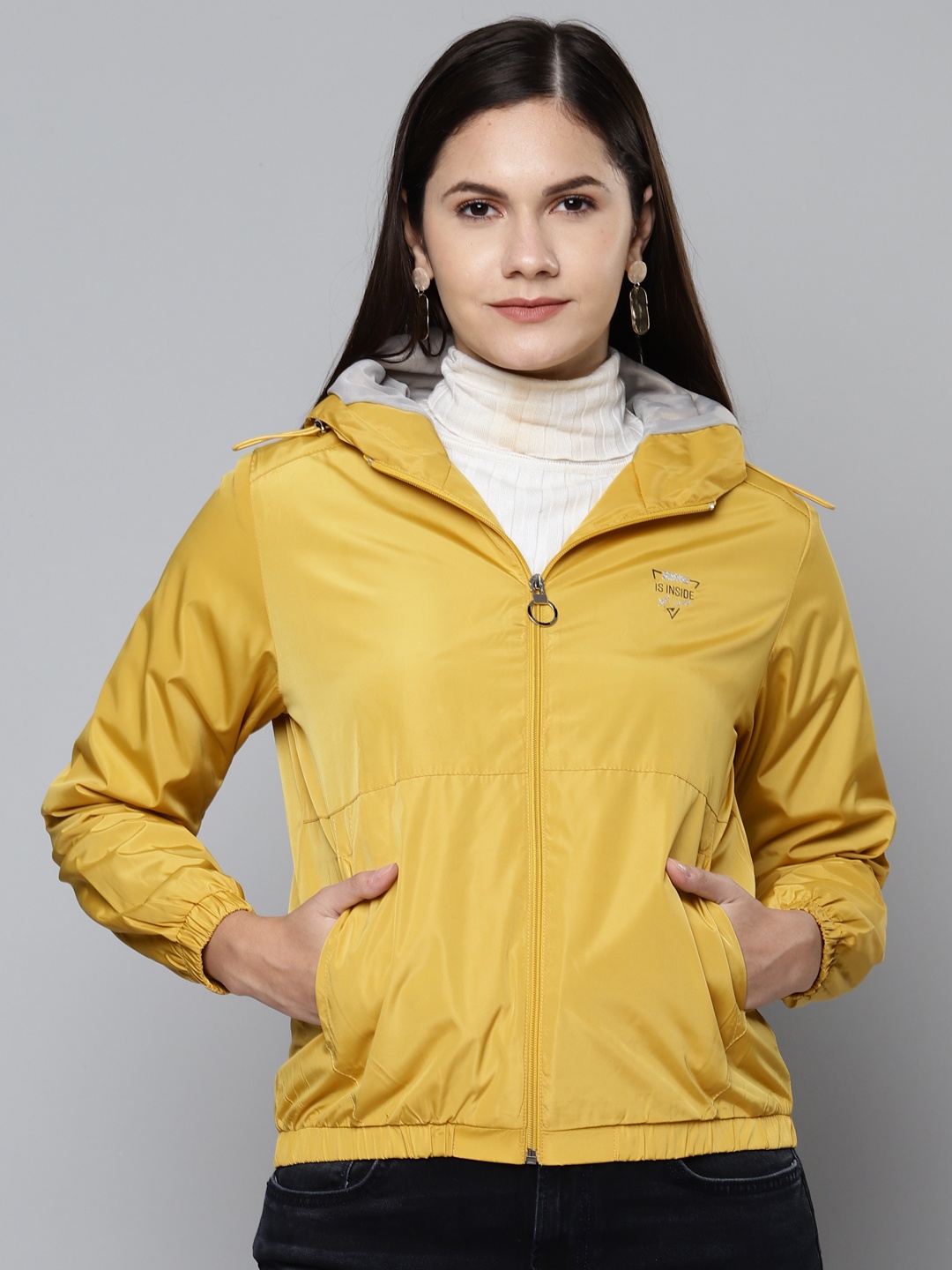 

Foreign Culture By Fort Collins Women Mustard Yellow Solid Bomber Hooded Jacket