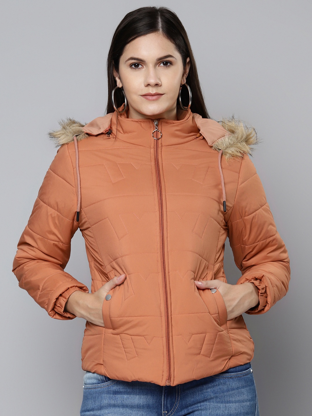

Foreign Culture By Fort Collins Women Peach-Coloured Parka Jacket with Detachable Hood
