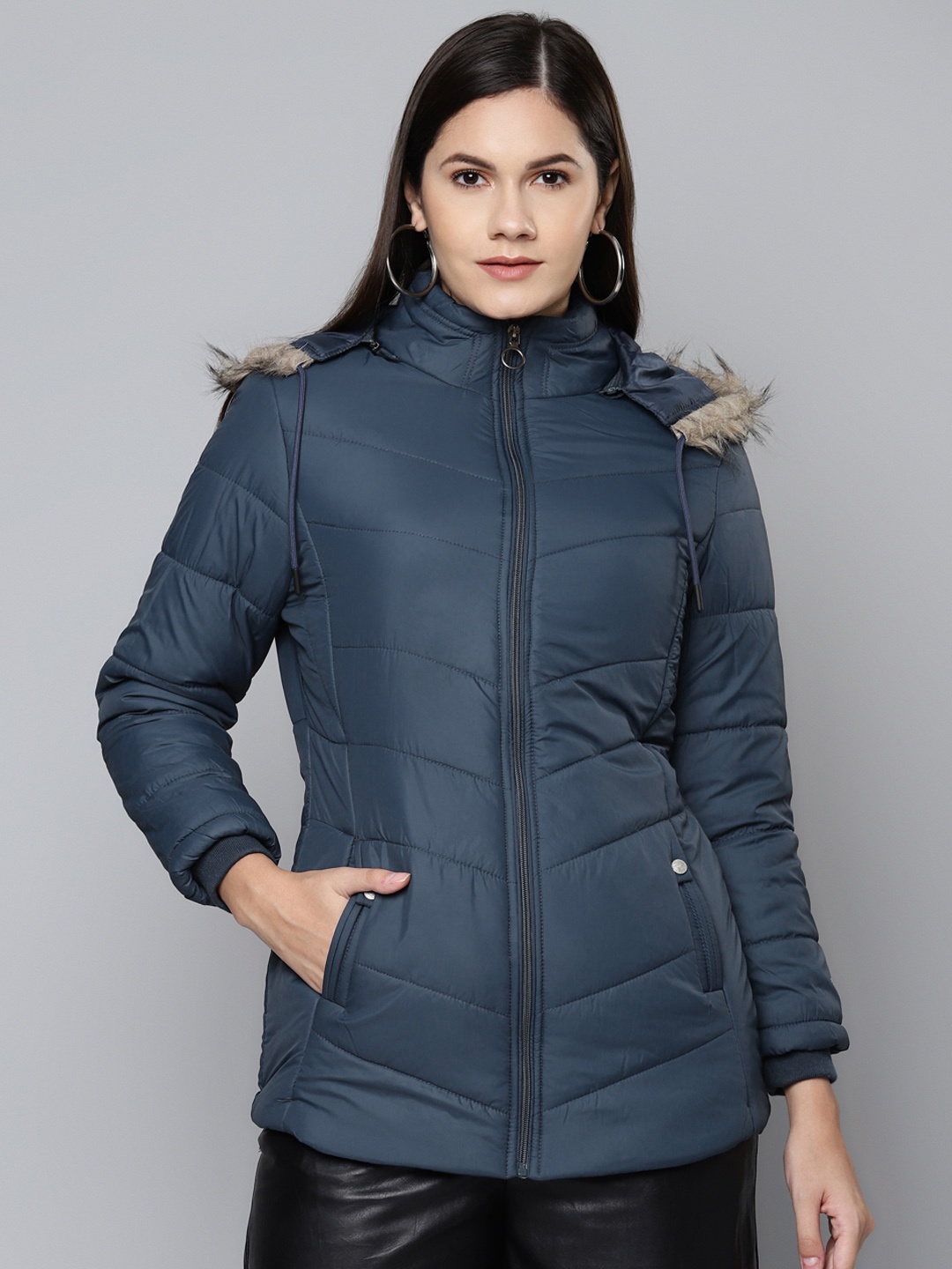 

Foreign Culture By Fort Collins Women Navy Blue Parka Jacket with Detachable Hood