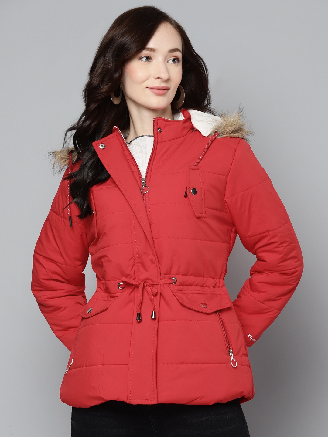 

Foreign Culture By Fort Collins Women Red Solid Parka Jacket With Detachable Hood