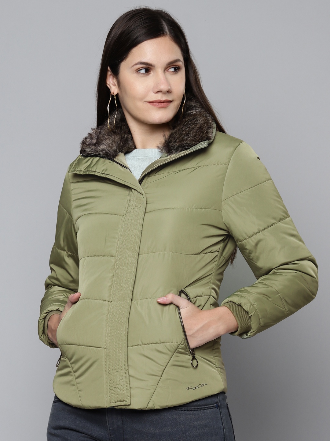 

Foreign Culture By Fort Collins Women Olive Green Padded Jacket with Faux Fur Trim