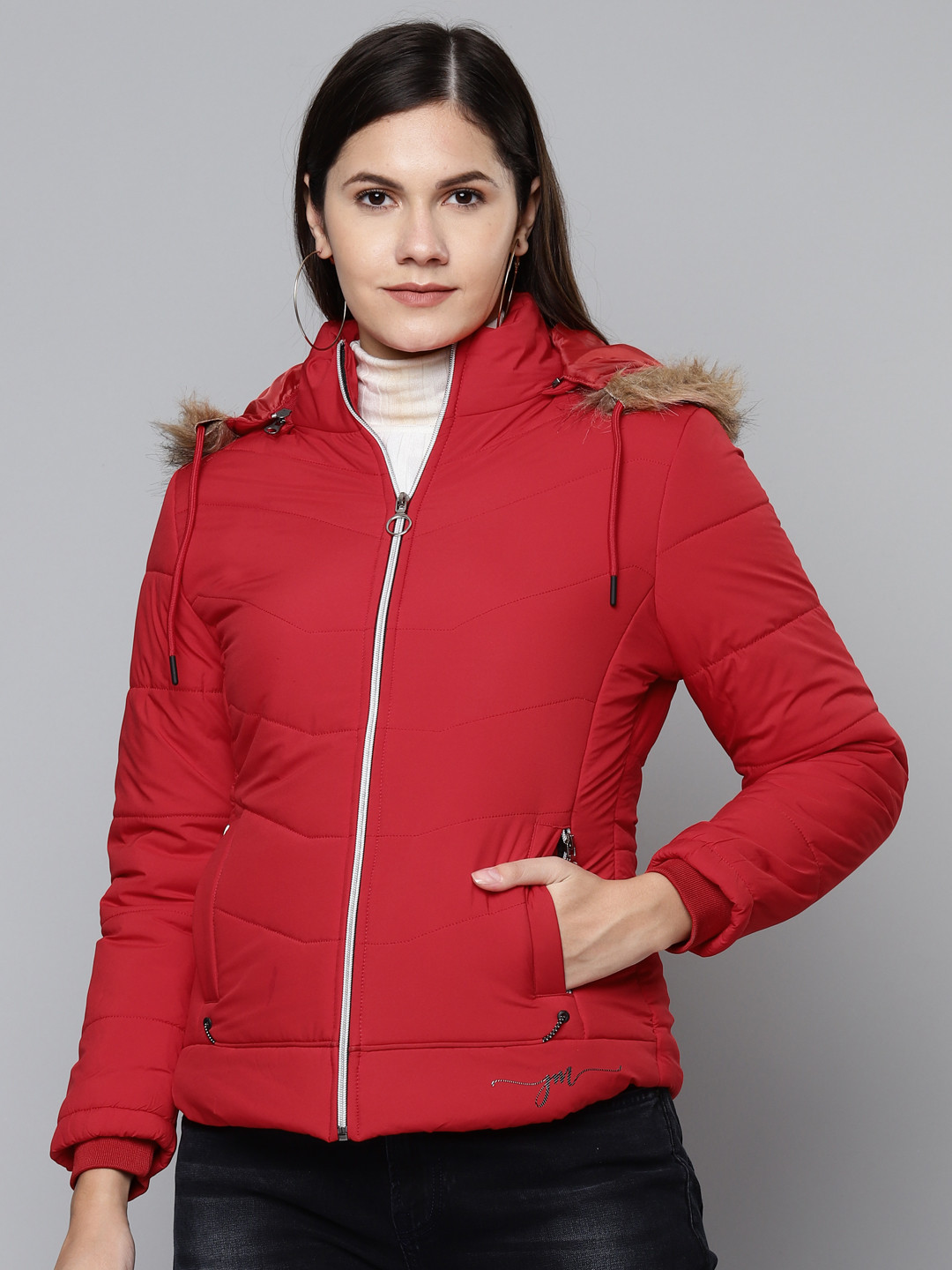 

Foreign Culture By Fort Collins Women Red Parka Jacket with Detachable Hood