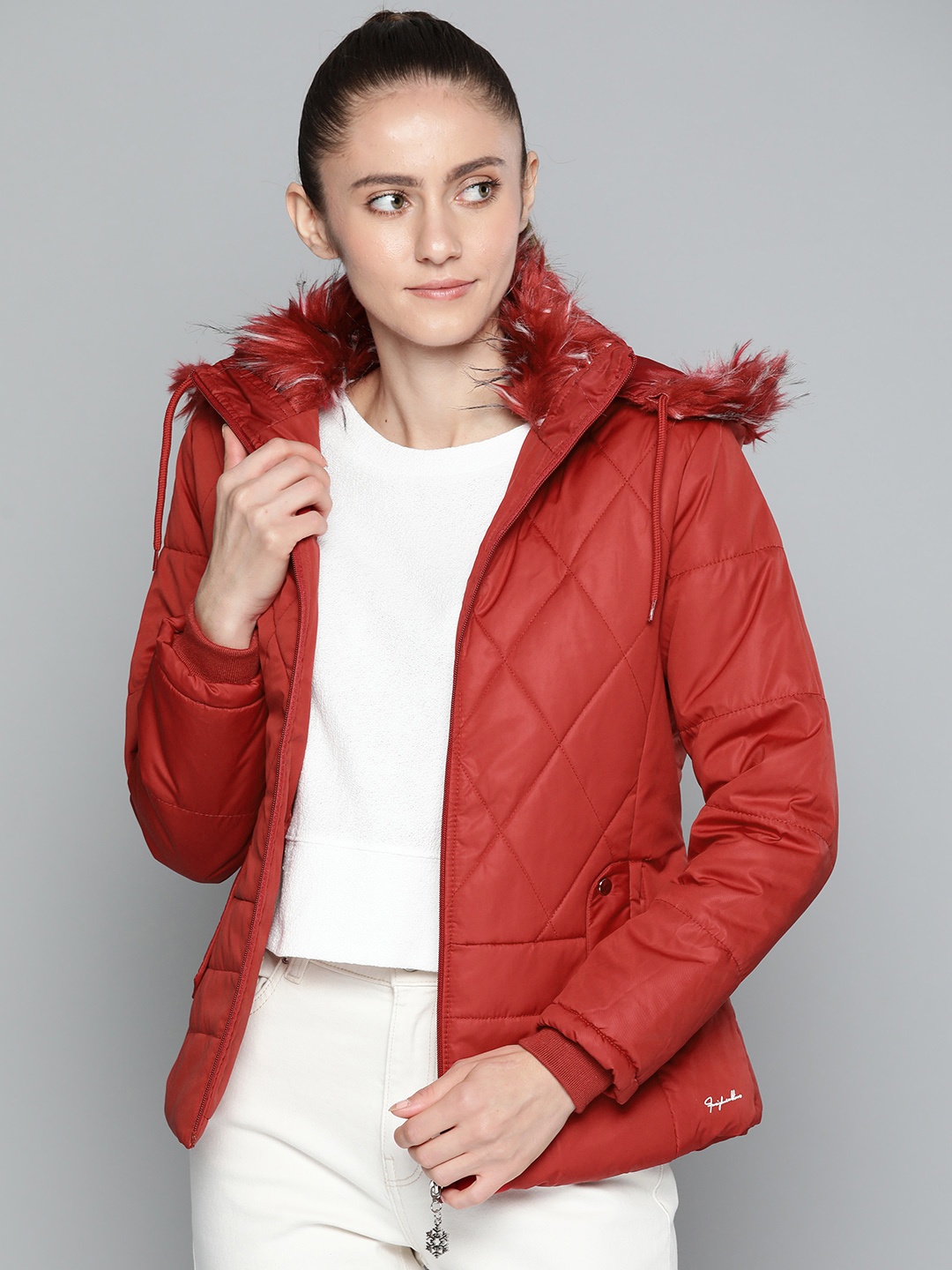 

Foreign Culture By Fort Collins Women Red Solid Parka Jacket with Detachable Hood