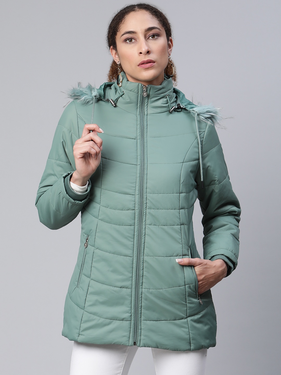 

Foreign Culture By Fort Collins Women Green Solid Parka Jacket with Detachable Hood
