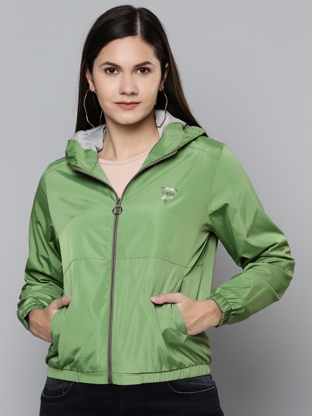 

Foreign Culture By Fort Collins Women Green Solid Bomber Hooded Jacket
