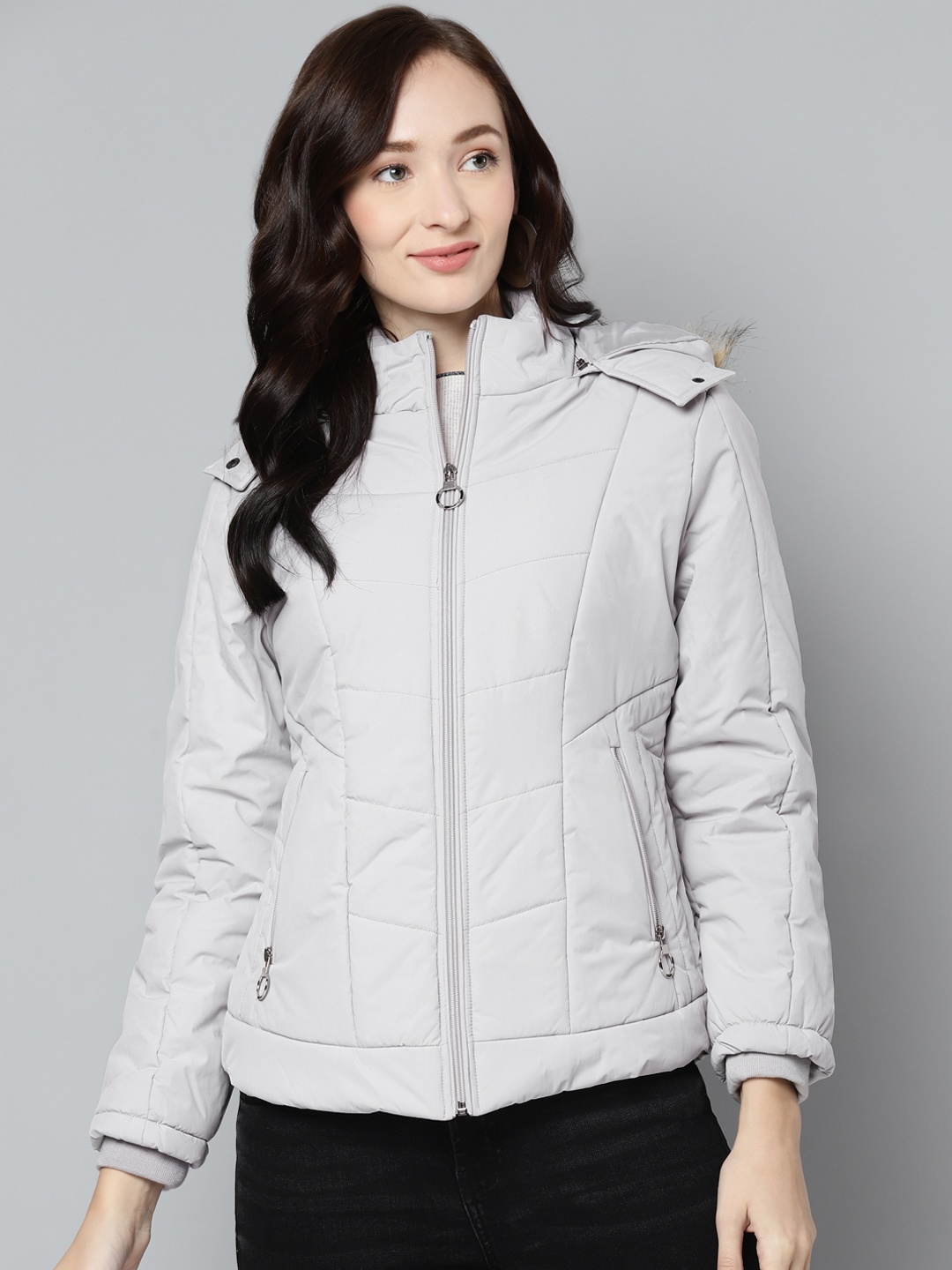

Foreign Culture By Fort Collins Women Grey Solid Parka Jacket with Detachable Hood