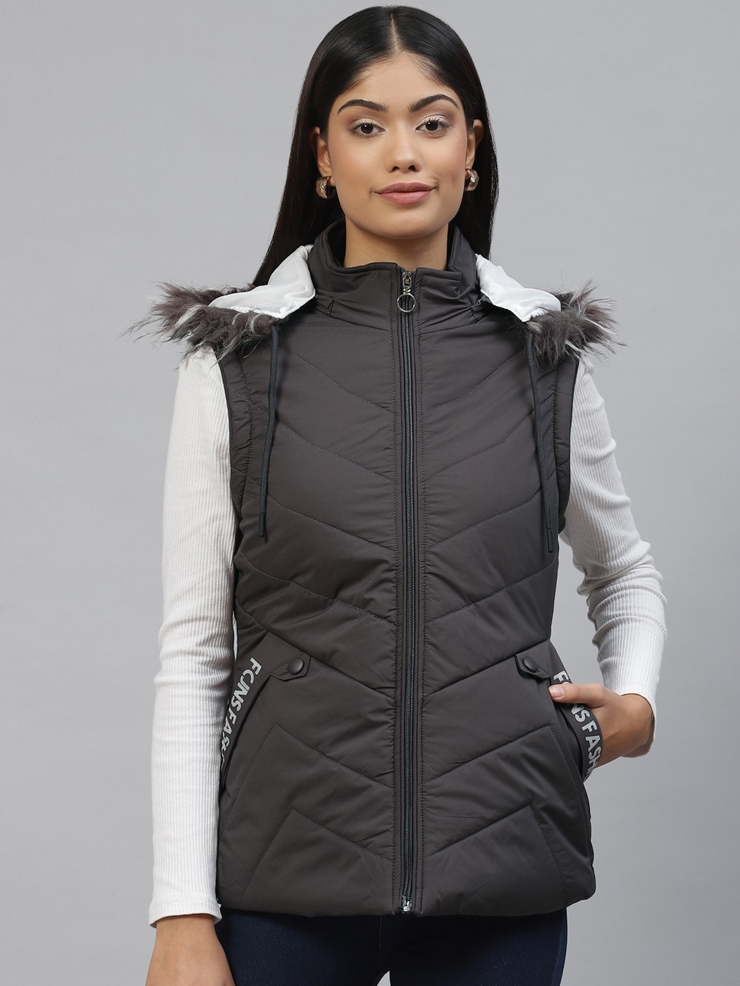 

Foreign Culture By Fort Collins Women Charcoal Grey Solid Faux Fur Trim Parka Jacket