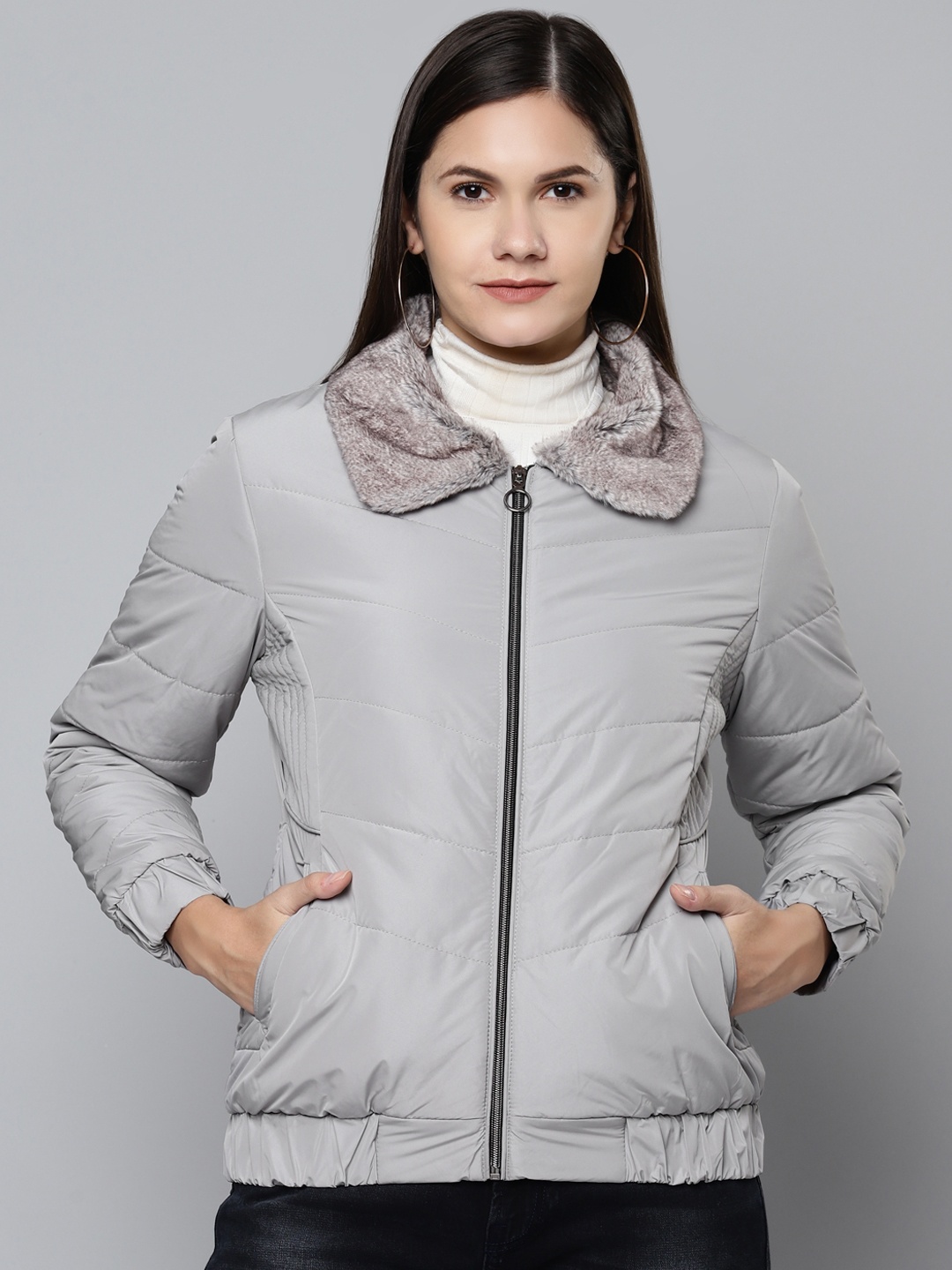 

Foreign Culture By Fort Collins Women Grey Solid Padded Jacket