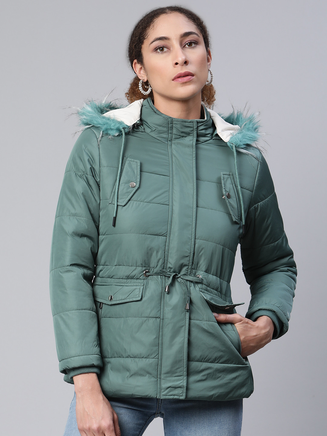 

Foreign Culture By Fort Collins Women Green Solid Parka Jacket with Detachable Hood
