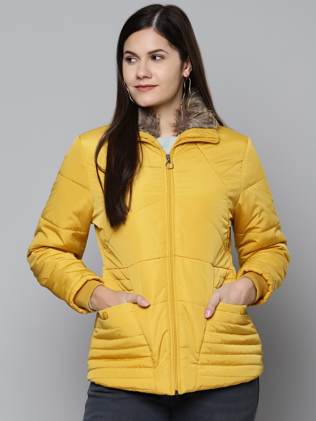 

Foreign Culture By Fort Collins Women Mustard Yellow Solid Padded Jacket