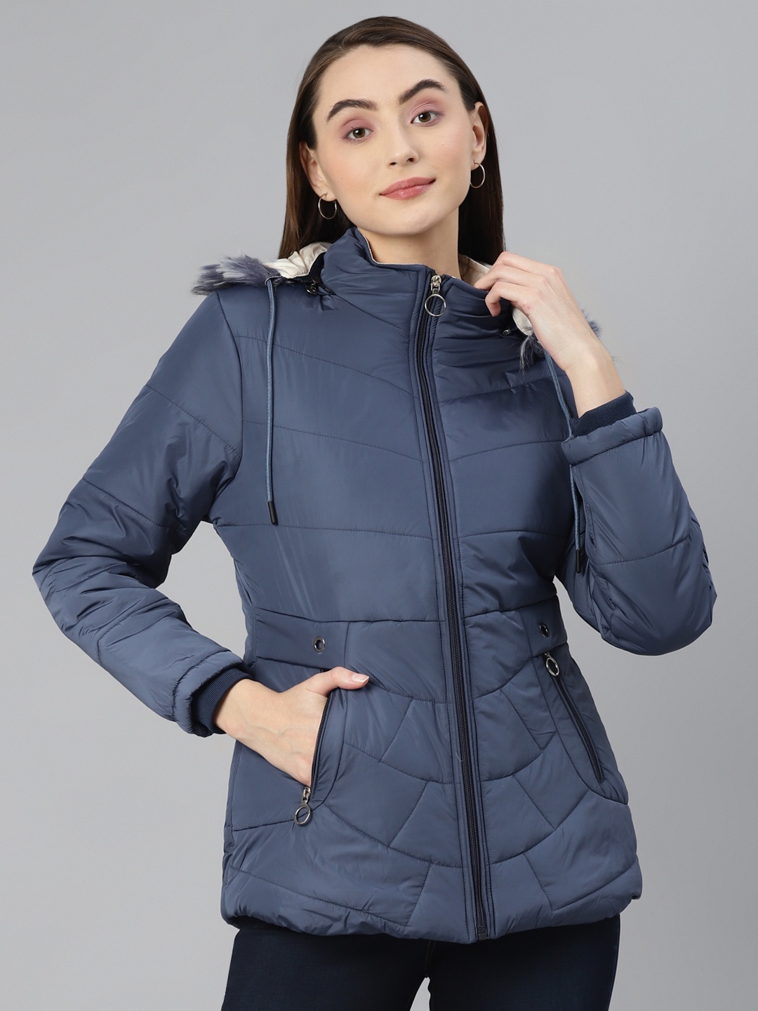 

Foreign Culture By Fort Collins Women Navy Blue Solid Parka Jacket With Detachable Hood