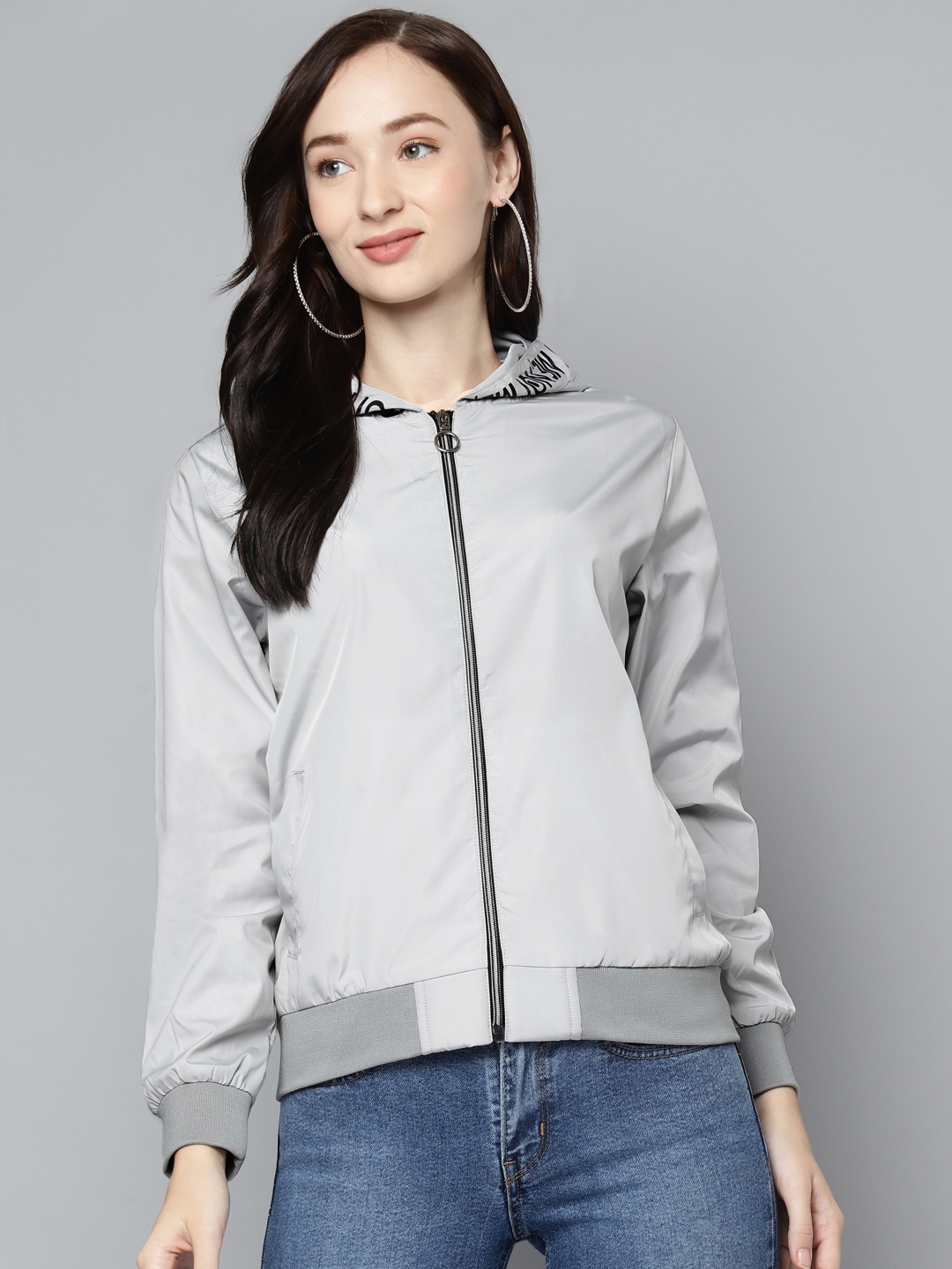 

Foreign Culture By Fort Collins Women Grey Hooded Bomber Jacket