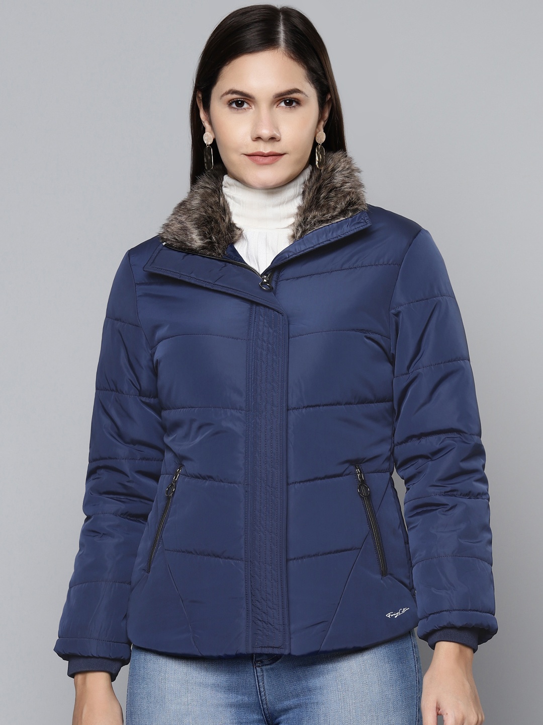 

Foreign Culture By Fort Collins Women Blue Padded Jacket with Faux Fur Trim