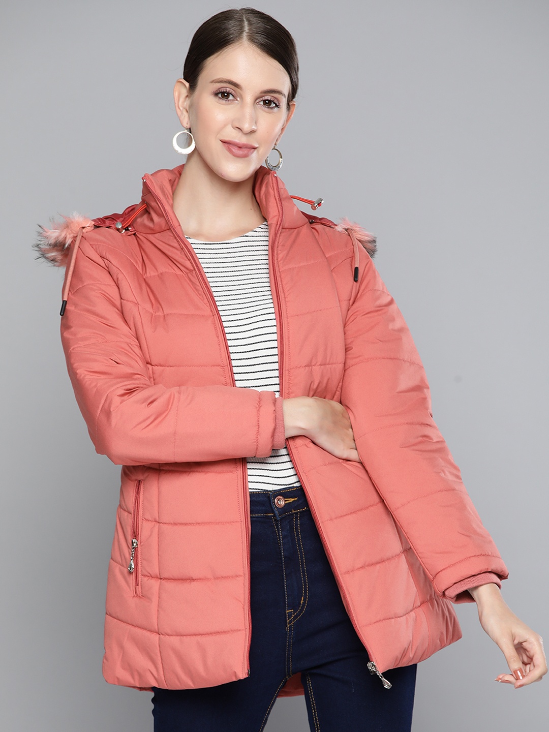 Foreign Culture By Fort Collins Women Peach-Coloured Padded Jacket With Detachable Hood