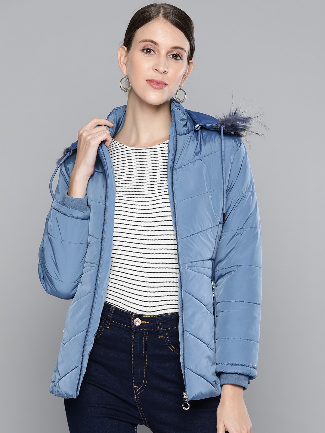 

Foreign Culture By Fort Collins Women Blue Solid Parka Jacket with Detachable Hood