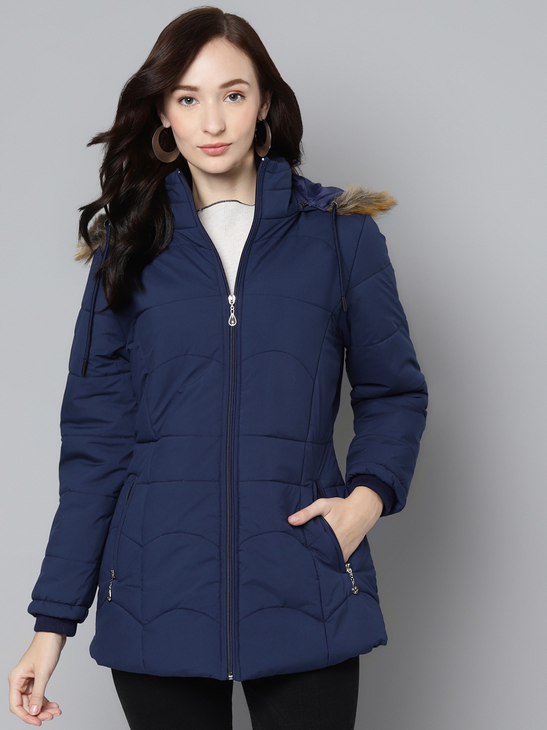 

Foreign Culture By Fort Collins Women Navy Blue Longline Hooded Parka Jacket