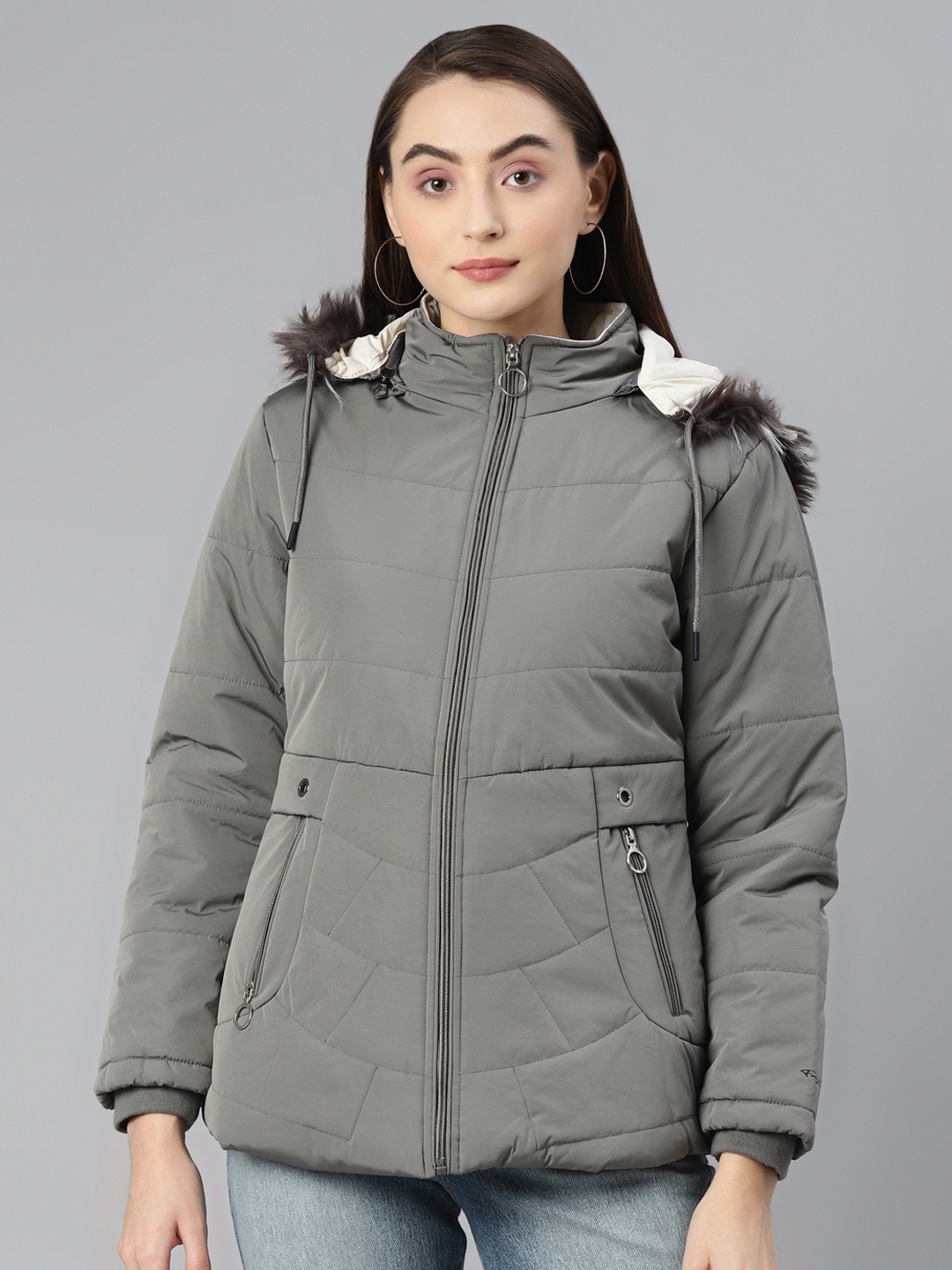 

Foreign Culture By Fort Collins Women Grey Solid Parka Jacket With Detachable Hood