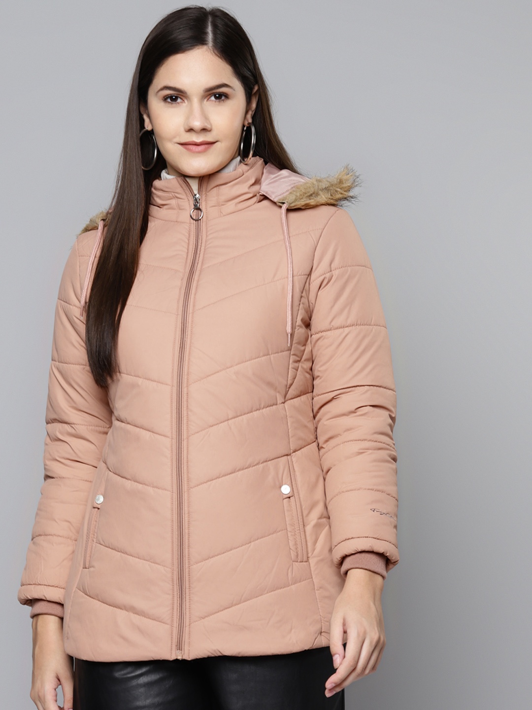

Foreign Culture By Fort Collins Women Peach-Coloured Hooded Parka Jacket