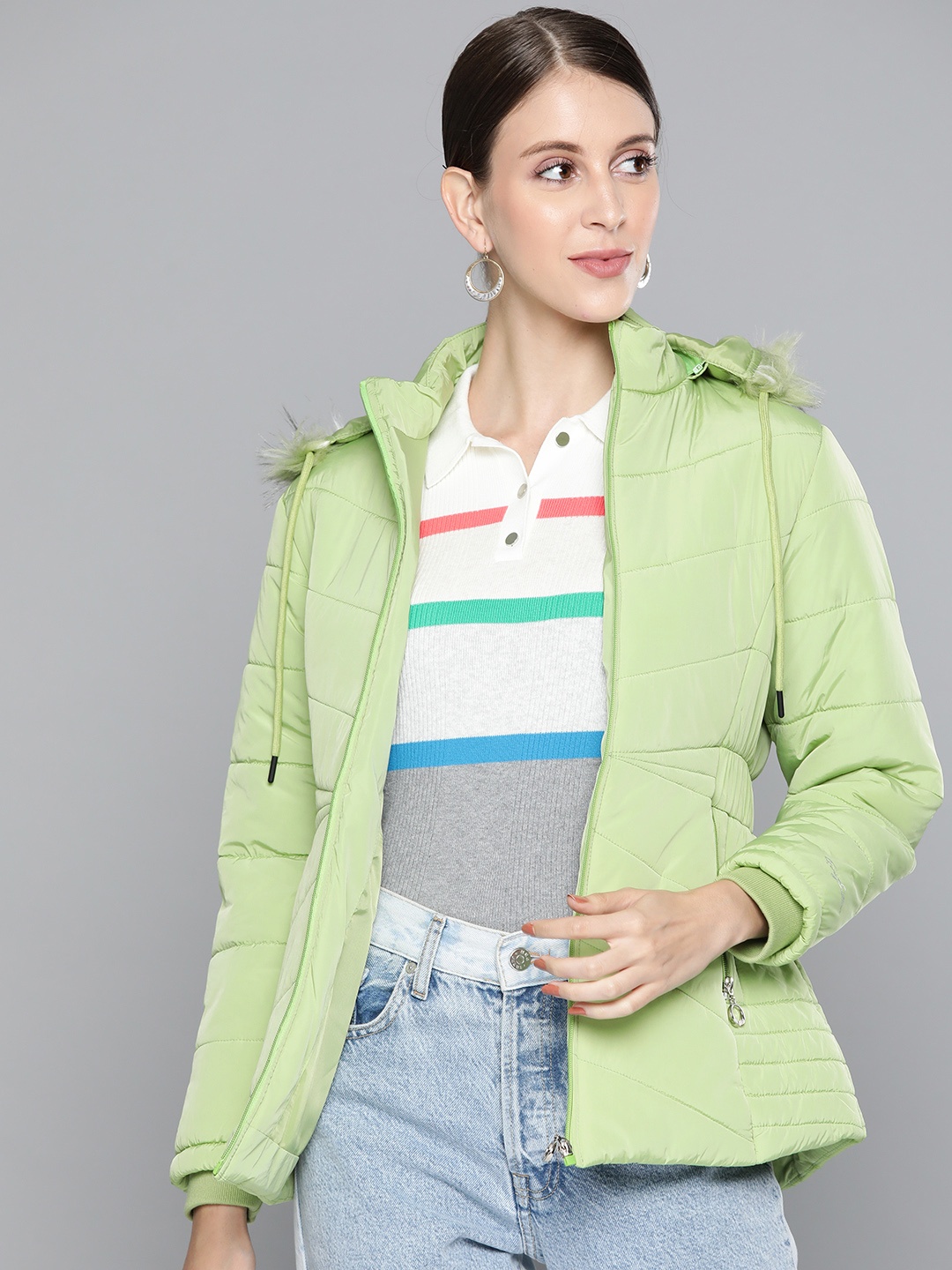 

Foreign Culture By Fort Collins Women Green Solid Parka Jacket with Detachable Hood