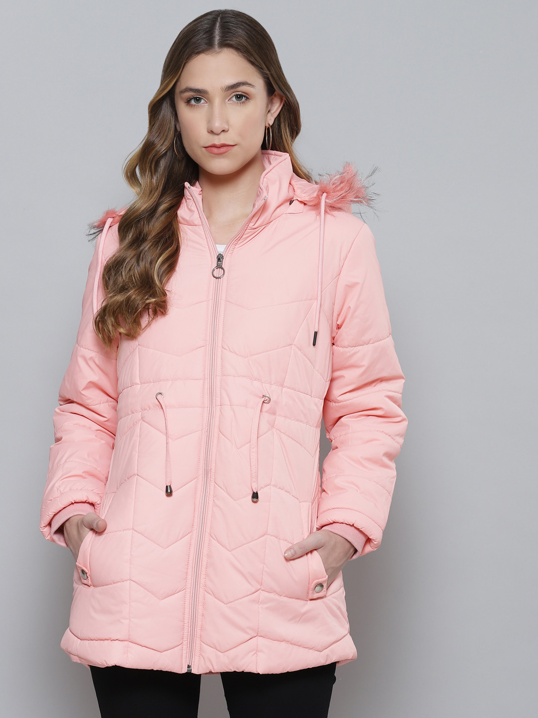 

Foreign Culture By Fort Collins Women Pink Solid Parka Jacket with Detachable Hood