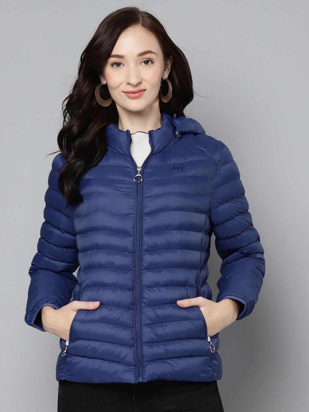 

Foreign Culture By Fort Collins Women Blue Solid Padded Jacket With Detachable Hood