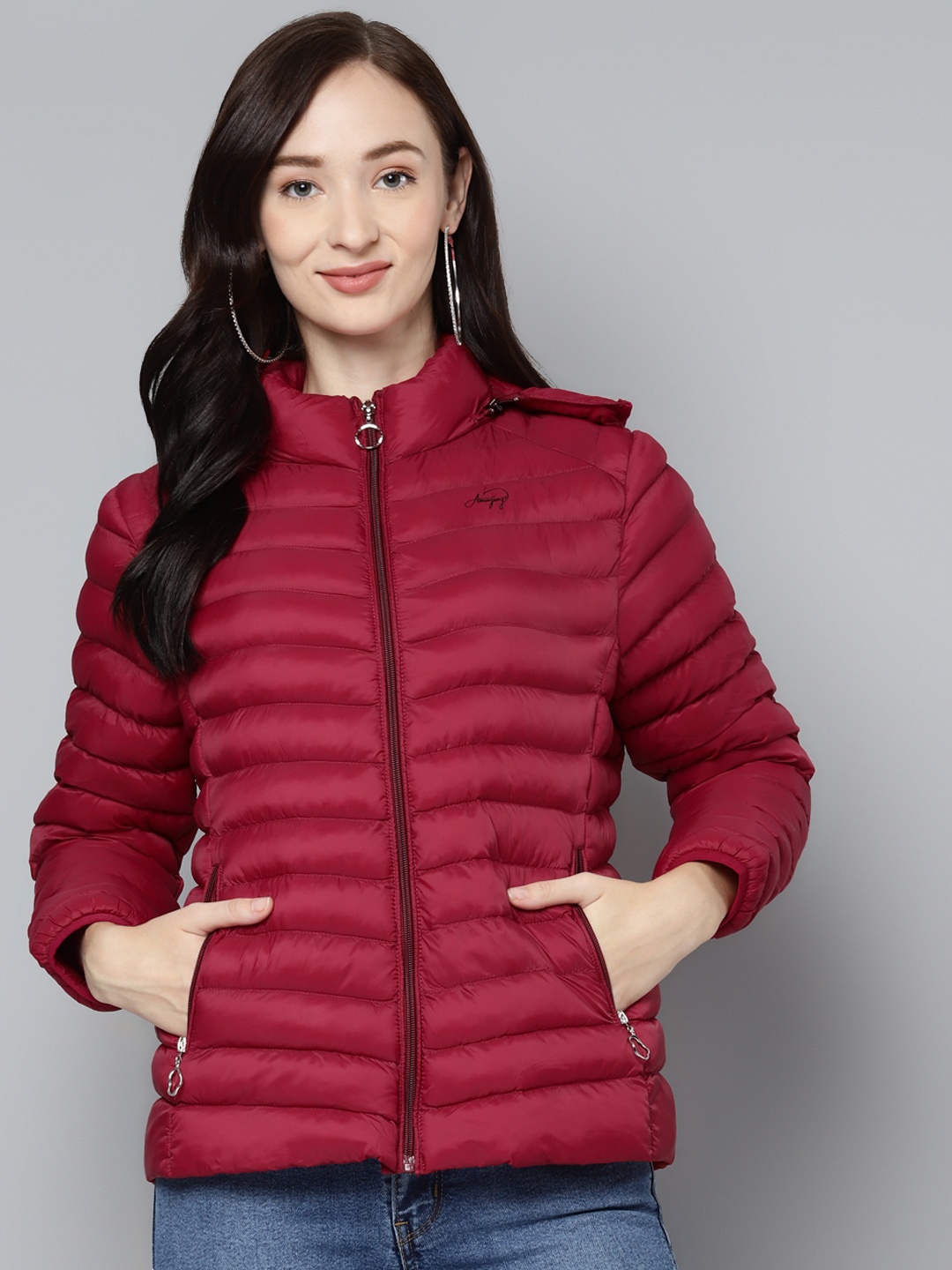 

Foreign Culture By Fort Collins Women Maroon Padded Jacket With Detachable Hood