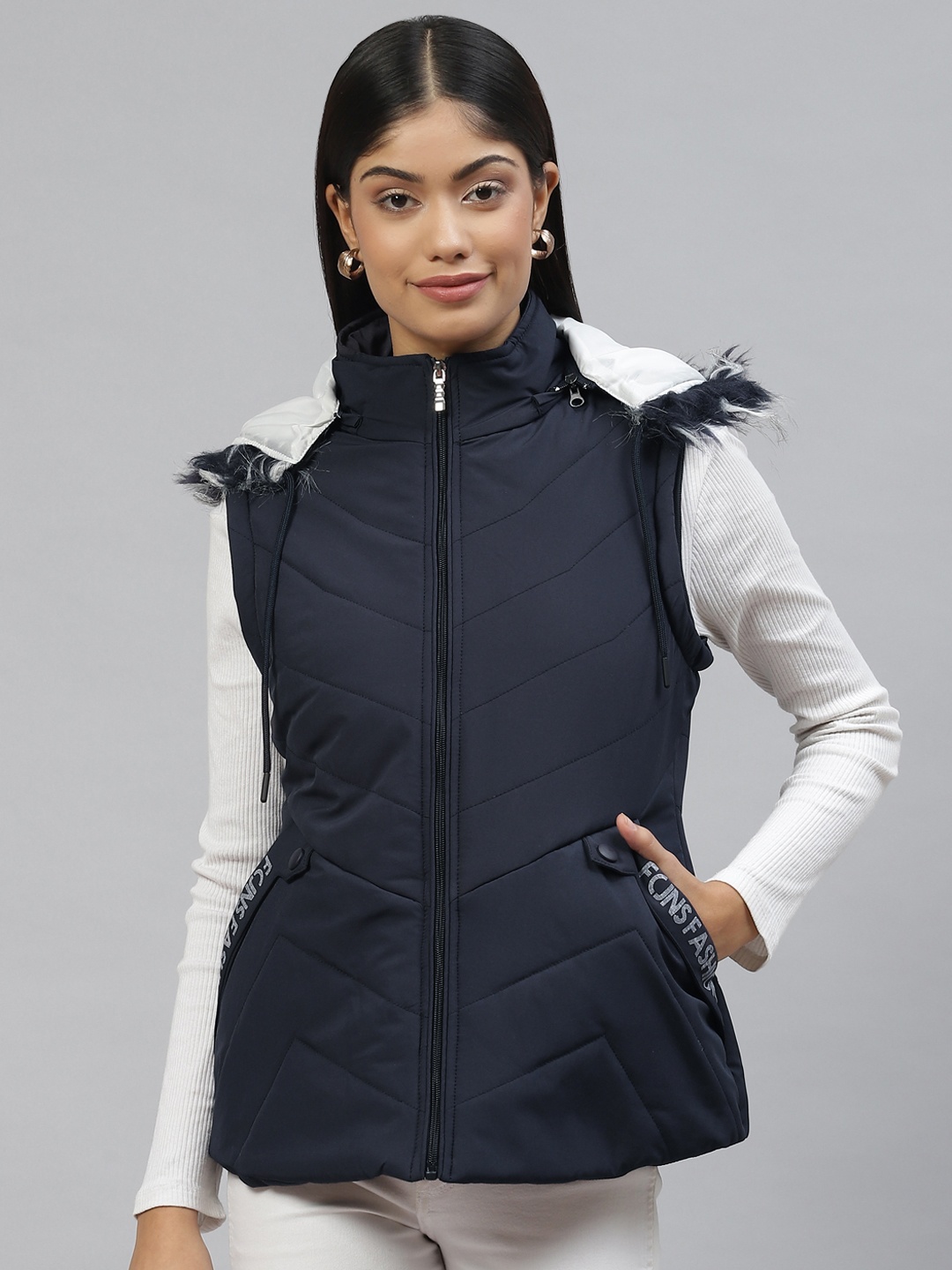 

Foreign Culture By Fort Collins Women Navy Blue Solid Faux Fur Trim Parka Jacket