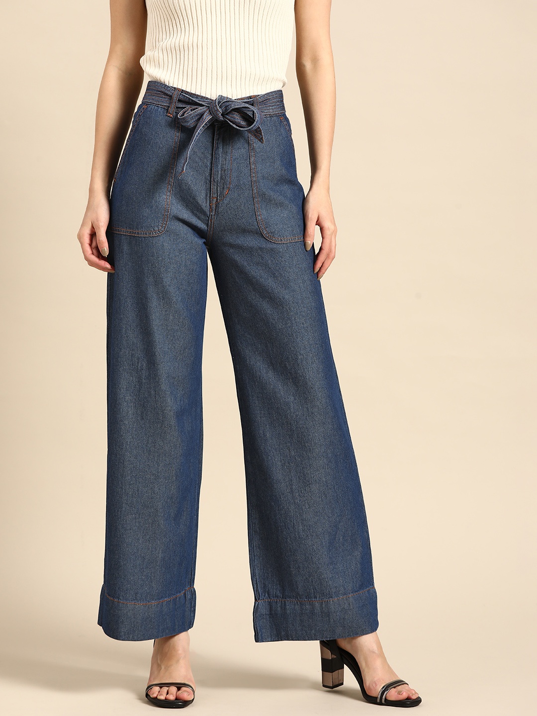 

all about you Women Blue Pure Cotton Flared High-Rise Jeans with Belt