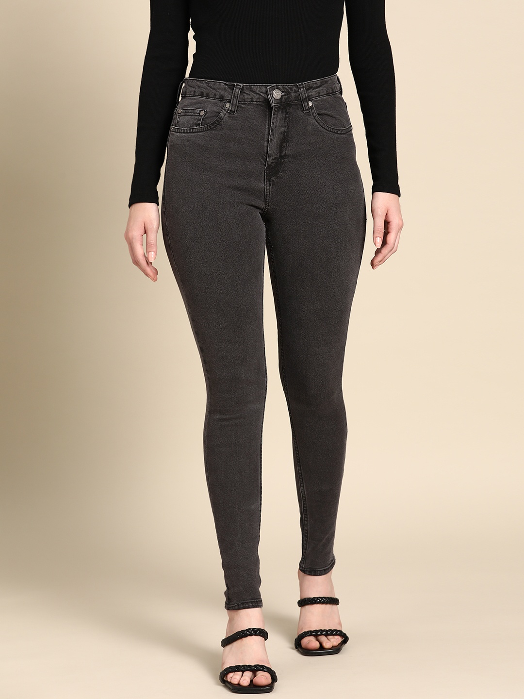 

all about you Women Charcoal Solid Skinny Fit High-Rise Light Fade Stretchable Jeans