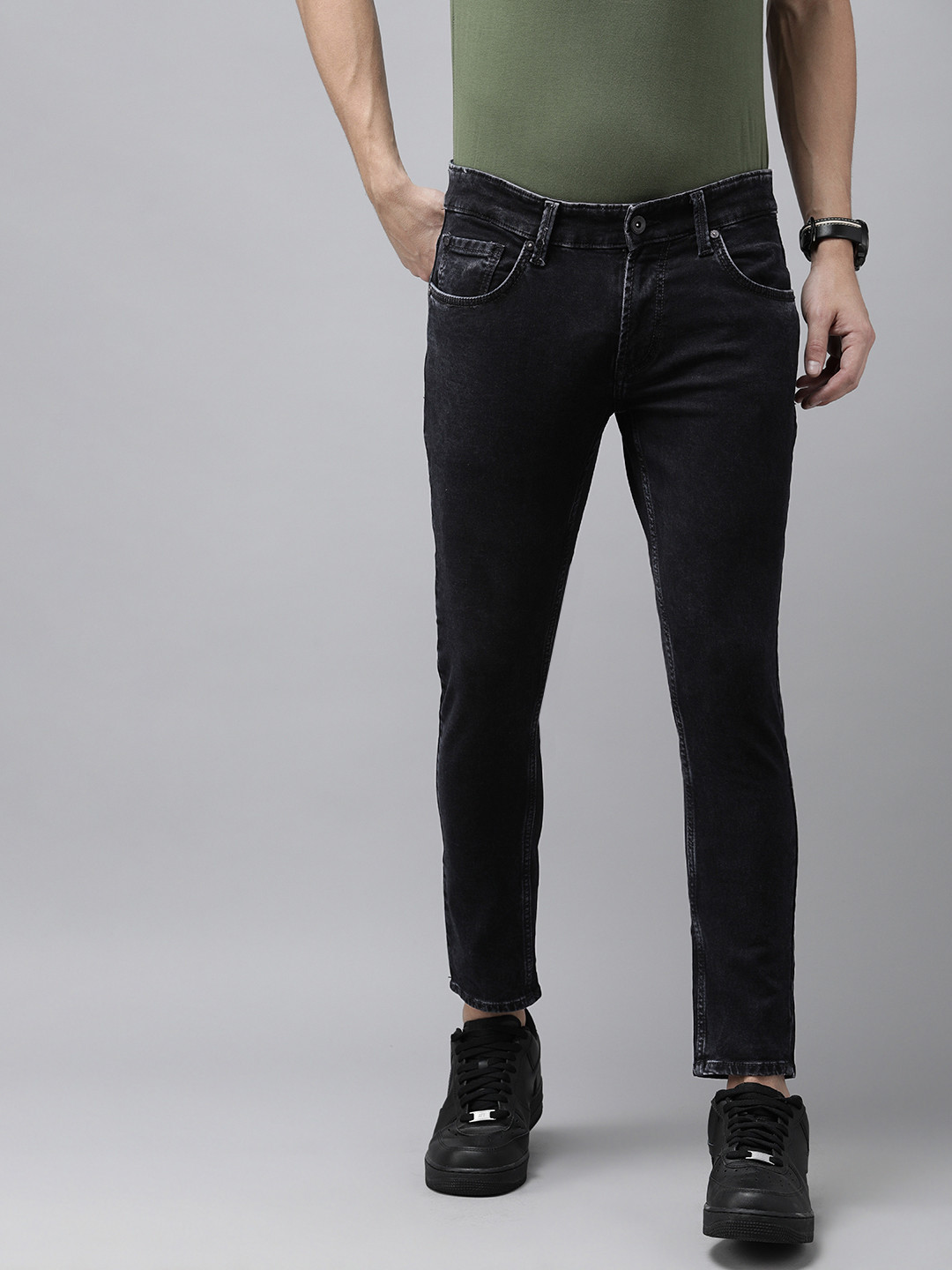 

SPYKAR Men Black Kano Slim Fit Mid-Rise Clean Look Stretchable Ankle-Length Jeans