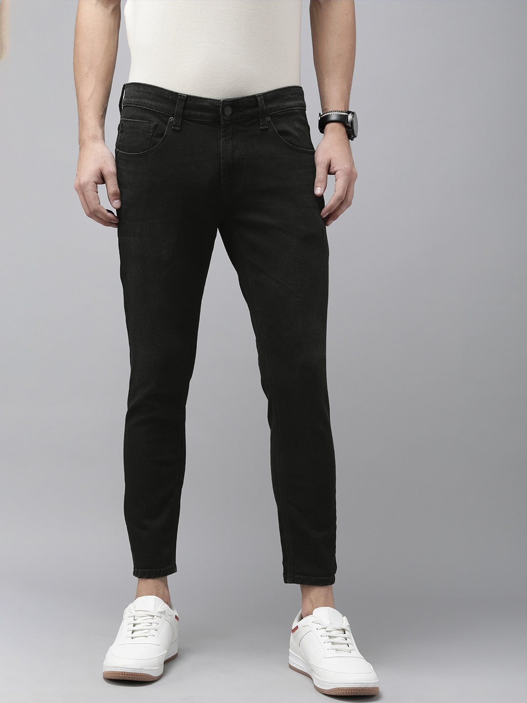 

SPYKAR Men Black Kano Slim Fit Mid-Rise Clean Look Stretchable Ankle-Length Jeans
