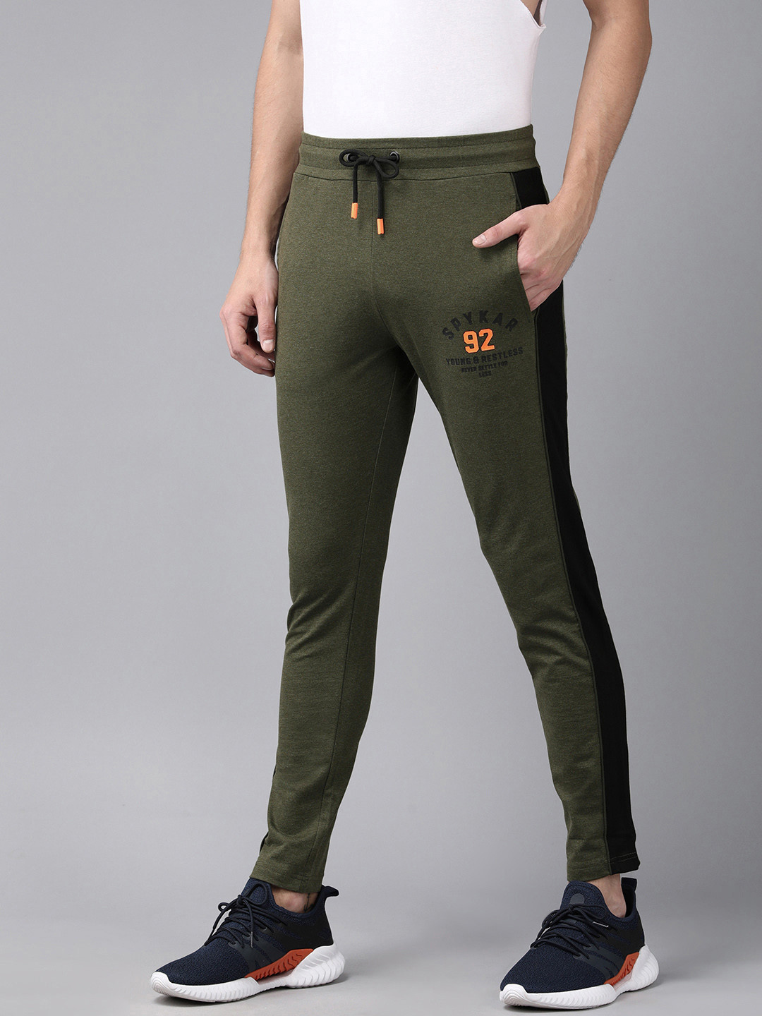 

SPYKAR Men Olive Green Brand Logo Printed Slim Fit Regular Track Pants With Side Stripes
