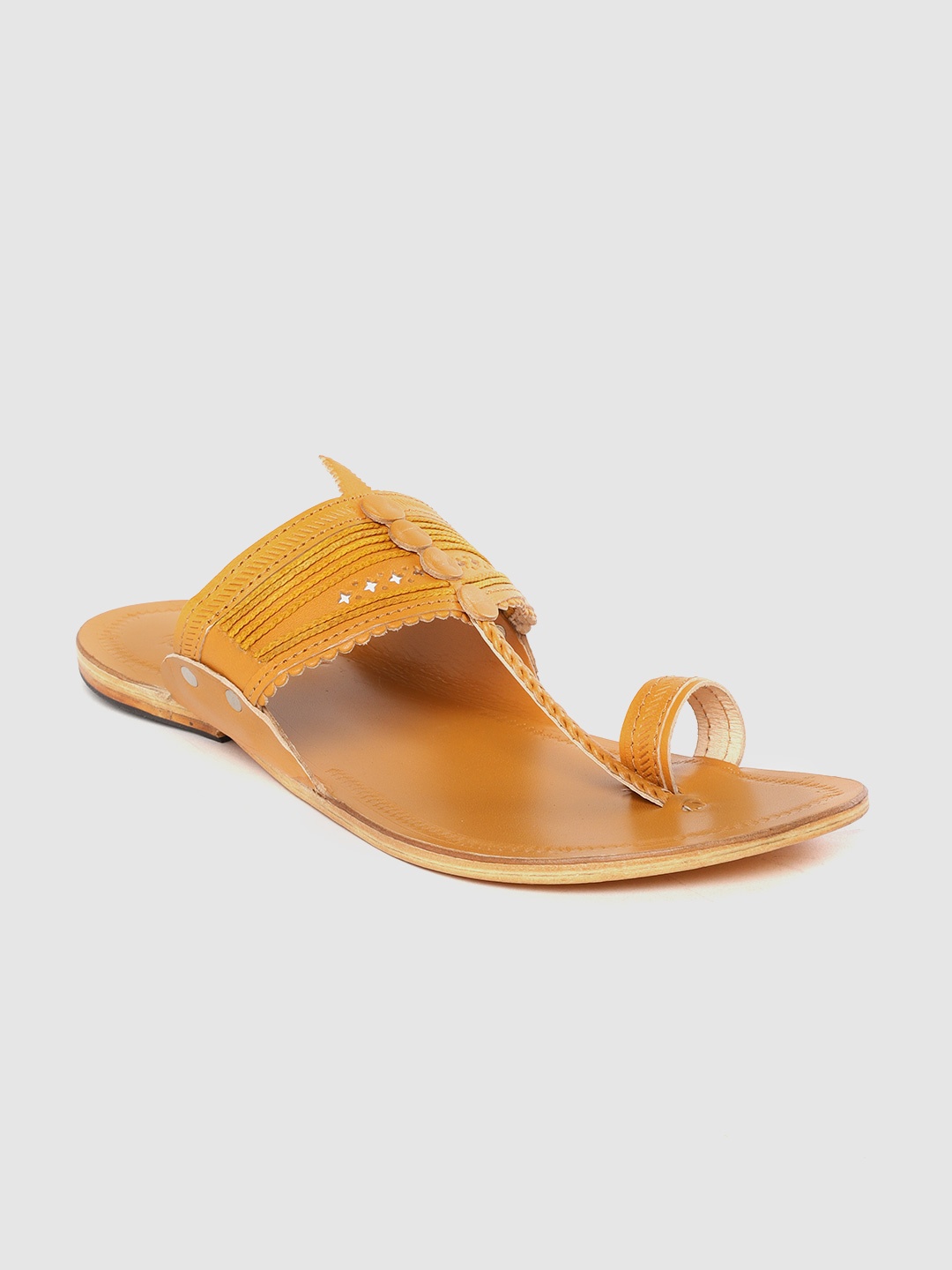 

House of Pataudi Men Mustard Yellow Handcrafted Leather Braided Kolhapuri Sandals