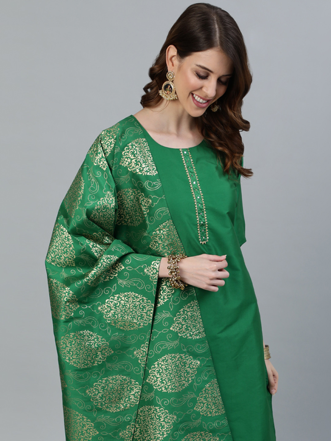 

Jaipur Kurti Women Green Empire Kurti with Trousers & With Dupatta