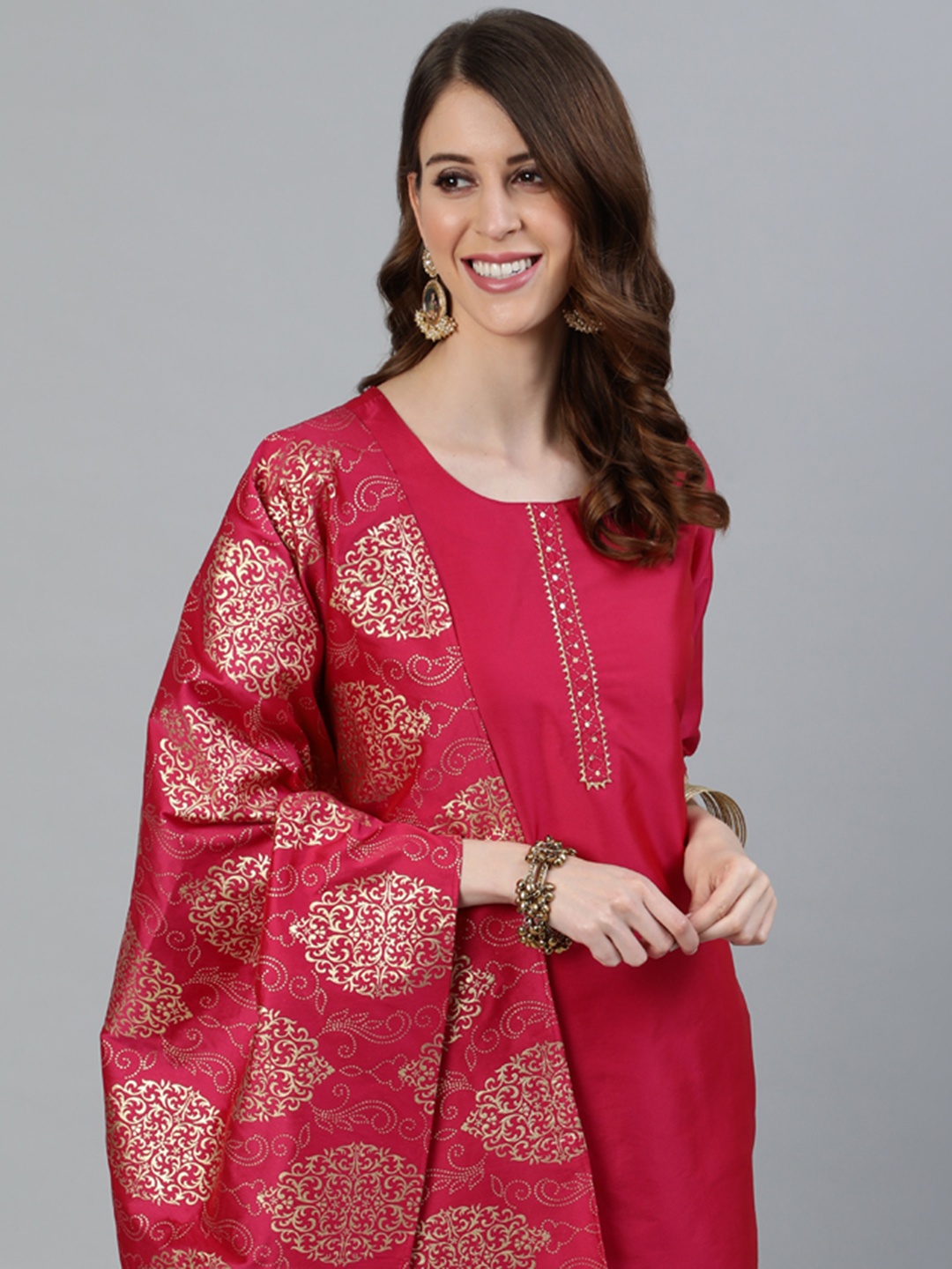 

Jaipur Kurti Women Pink Ethnic Motifs Kurta with Trousers & With Dupatta
