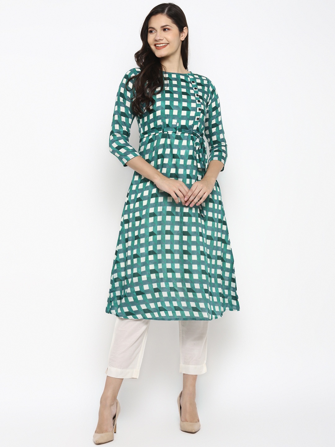 

VAABA Women Green Geometric Checked Kurta