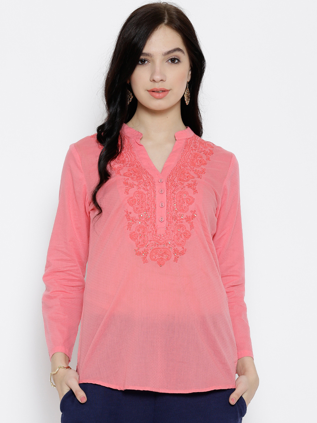 

Rangriti Pink Aari-Work Pure Cotton Kurti