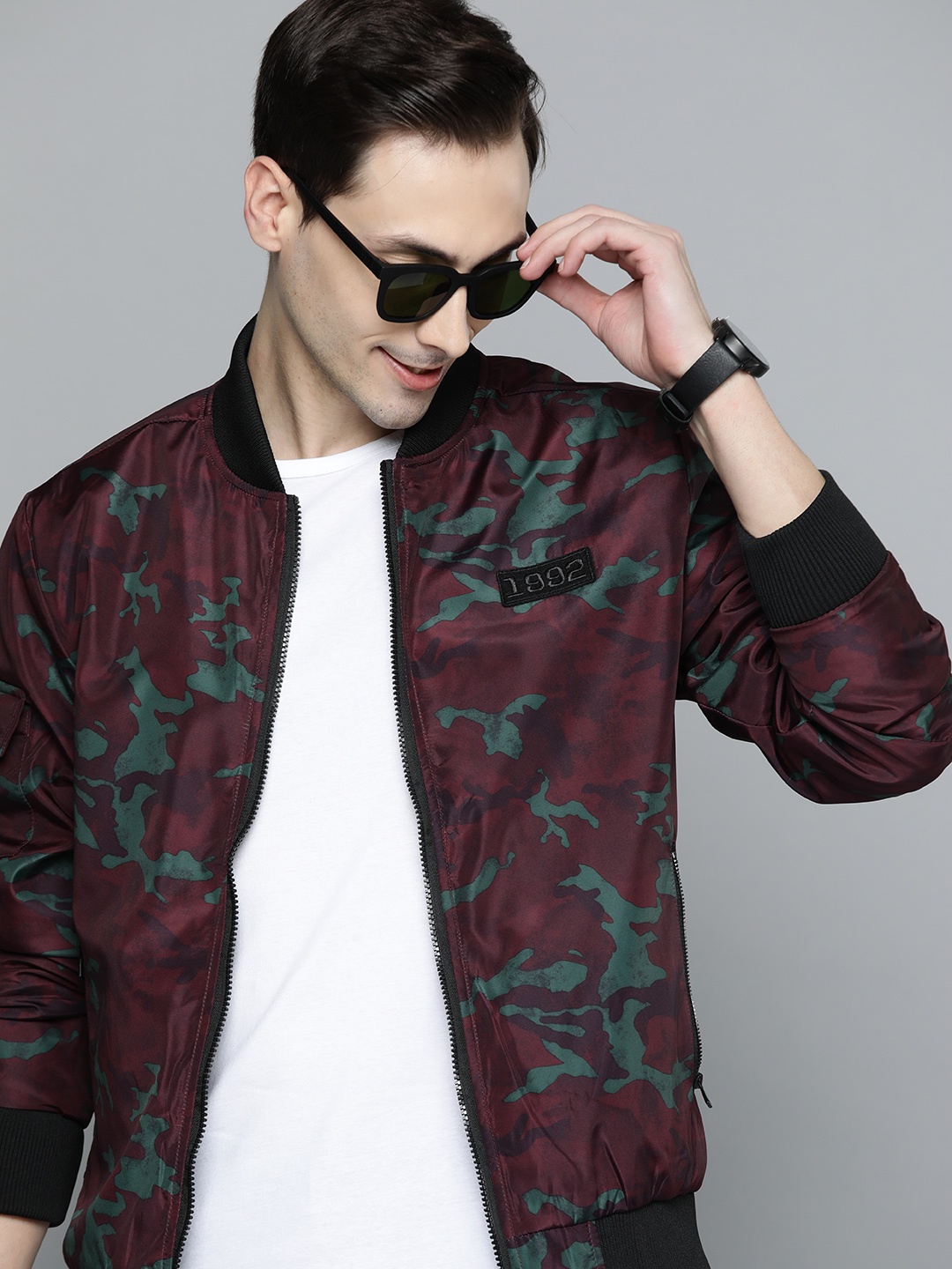 

HERE&NOW Men Burgundy & Green Camouflage Bomber Jacket
