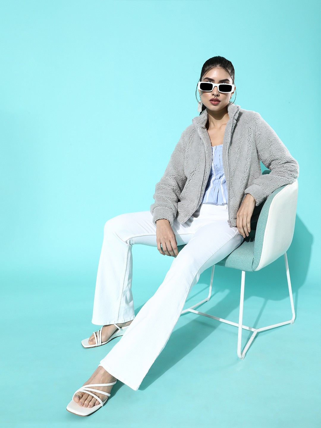 

HERE&NOW Women Grey Solid Sherpa Jacket