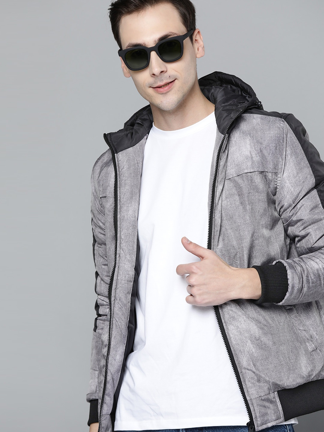 

HERE&NOW Men Grey Solid Hooded Bomber Jacket