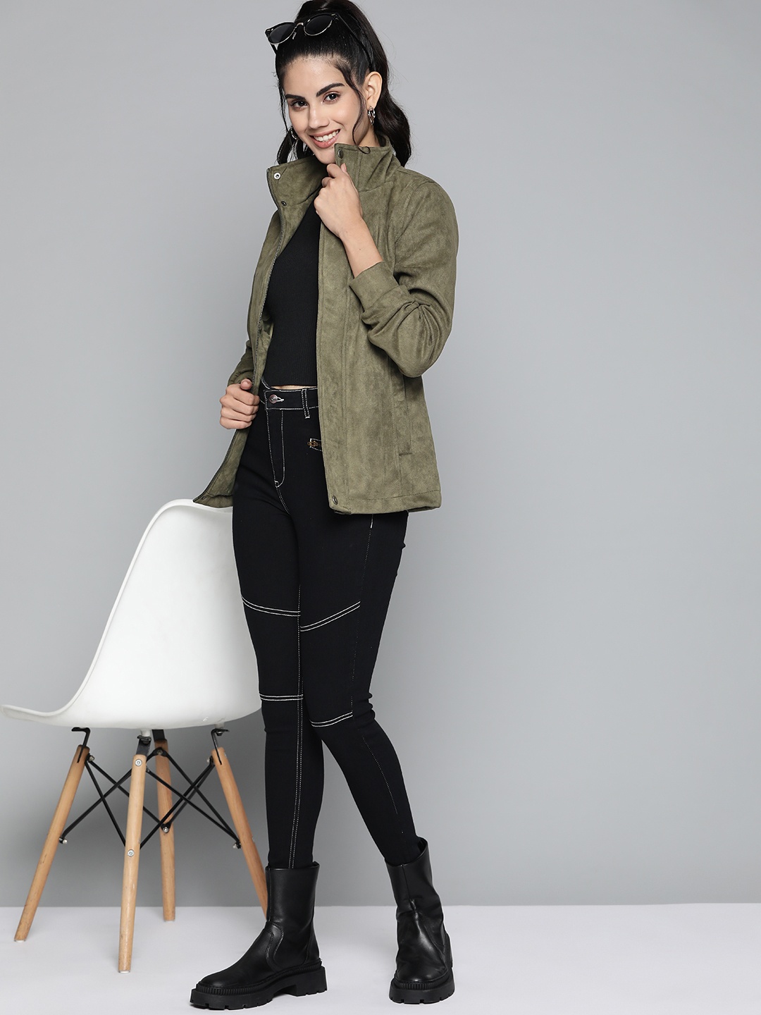 

HERE&NOW Women Olive Green Solid Tailored Jacket