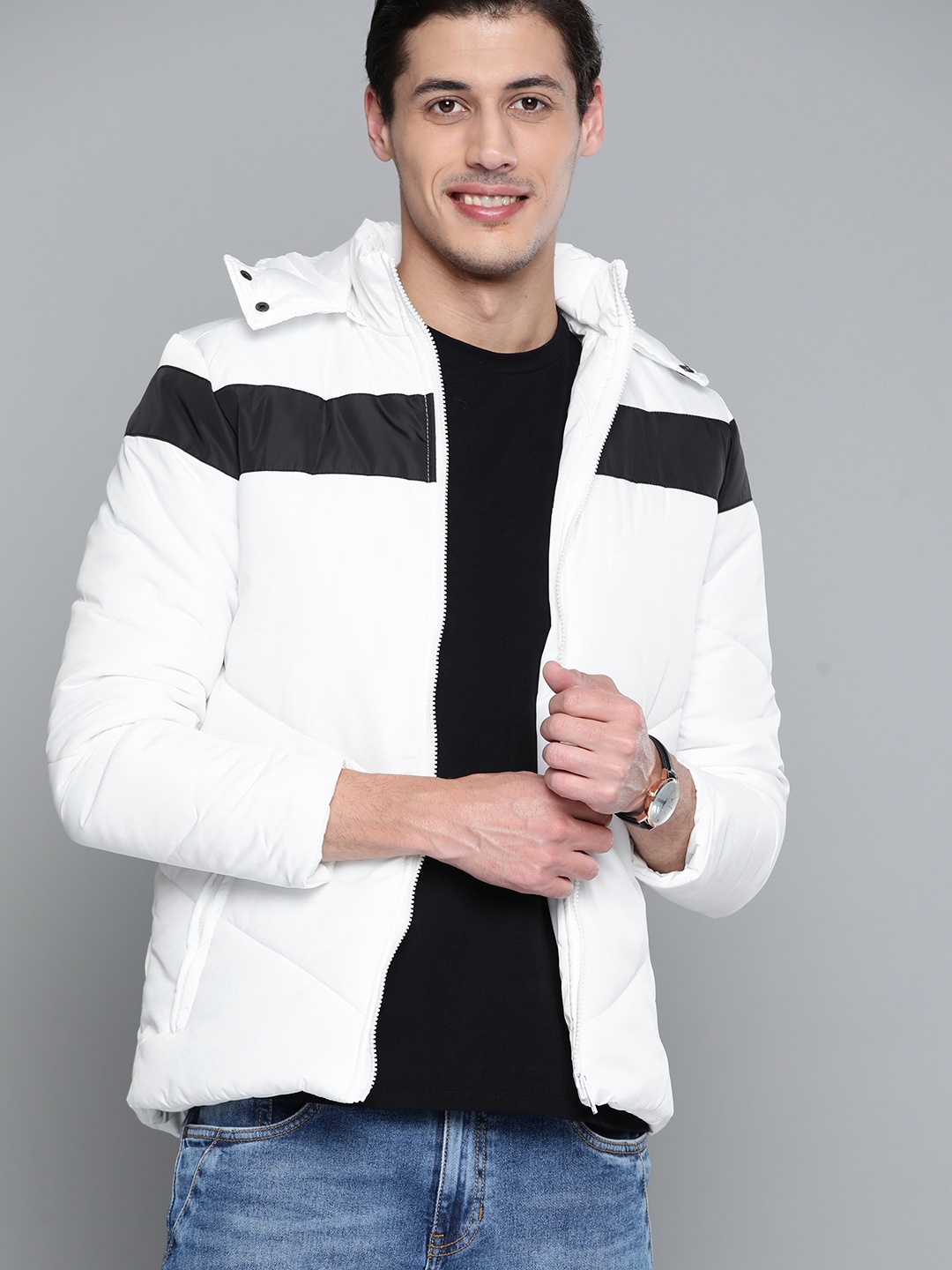 

HERE&NOW Men White & Black Colourblocked Padded Jacket