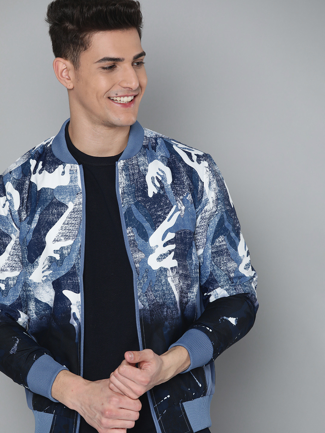 

HERE&NOW Men Blue & White Abstract Printed Bomber Jacket