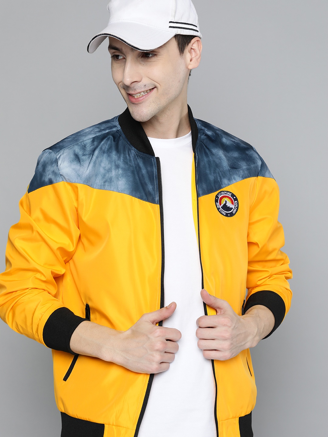 

HERE&NOW Men Yellow & Navy Blue Colourblocked Bomber Jacket