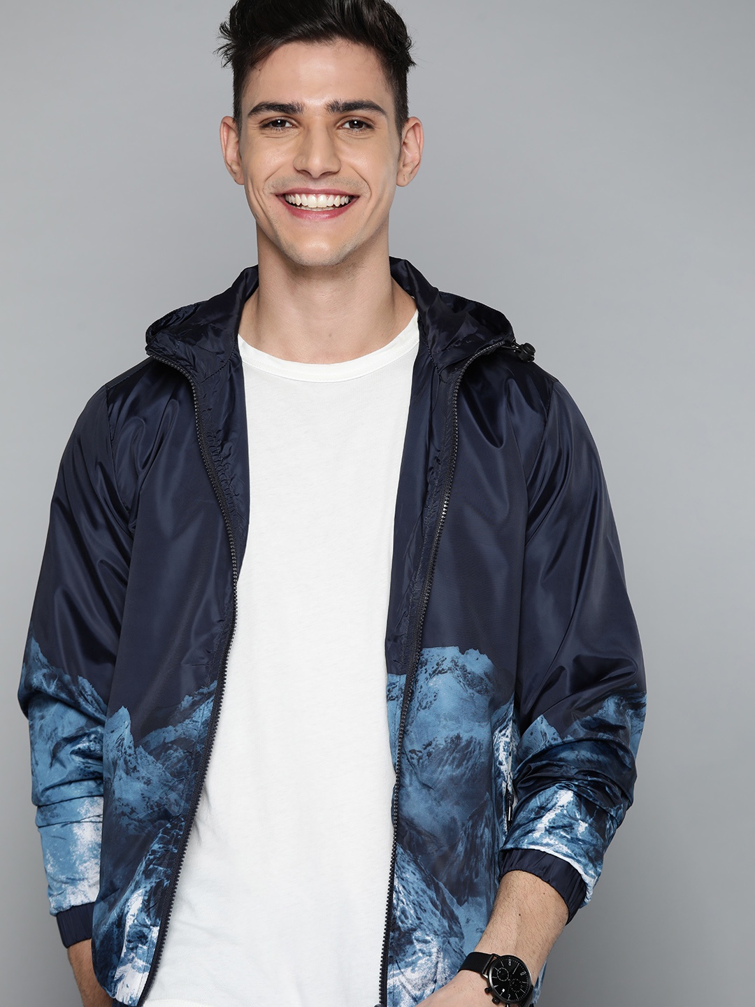 

HERE&NOW Men Blue Printed Hooded Tailored Jacket