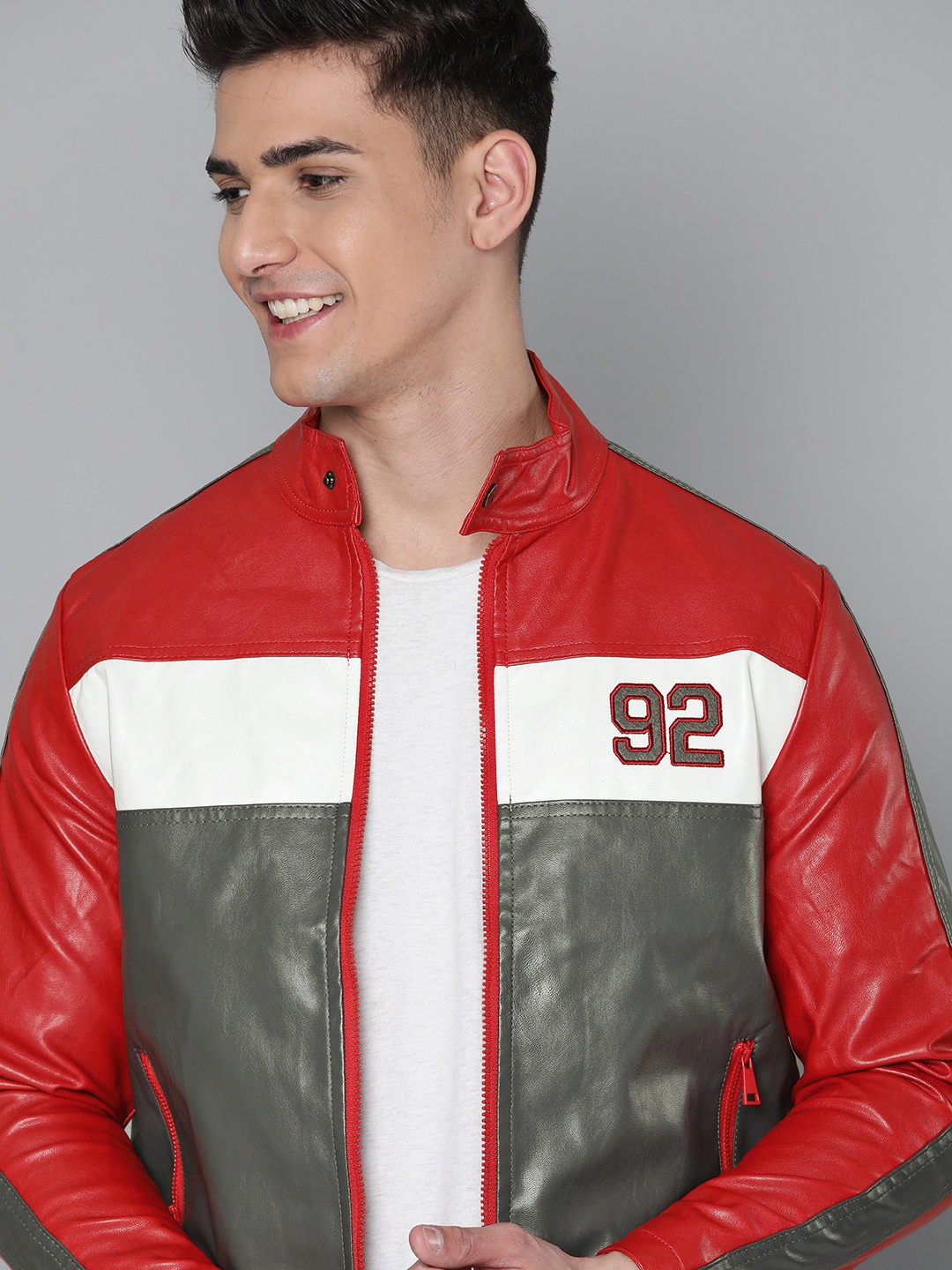 

HERE&NOW Men Red & Grey Colourblocked Biker Jacket