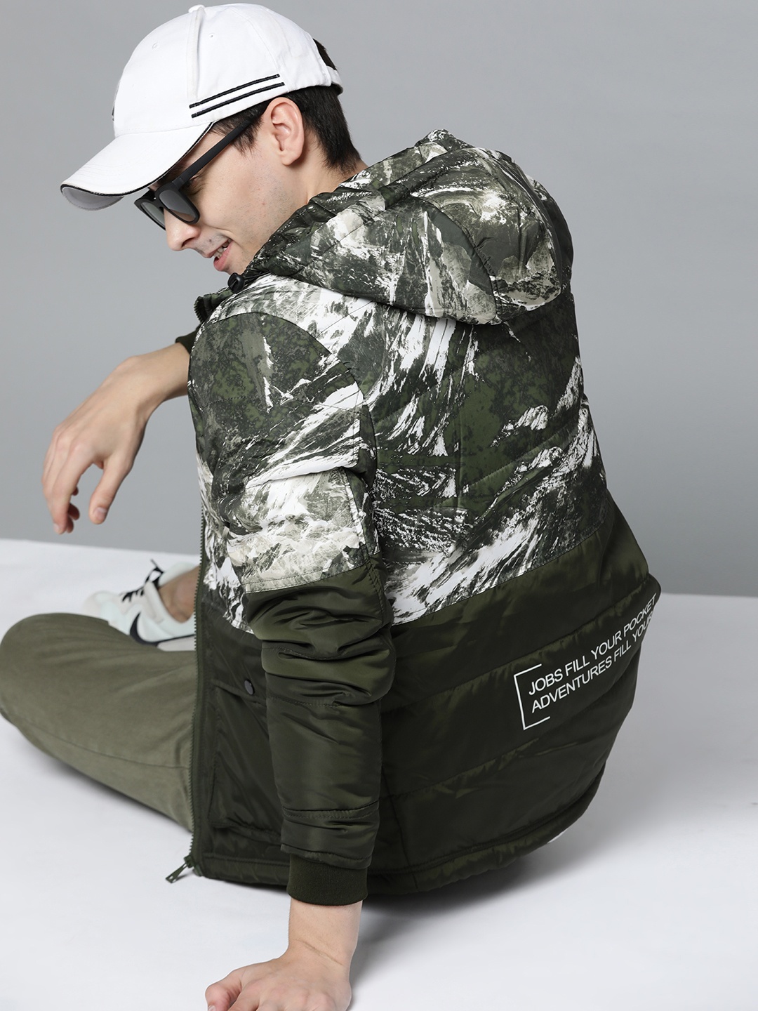 

HERE&NOW Men Olive Green & White Printed Padded Jacket